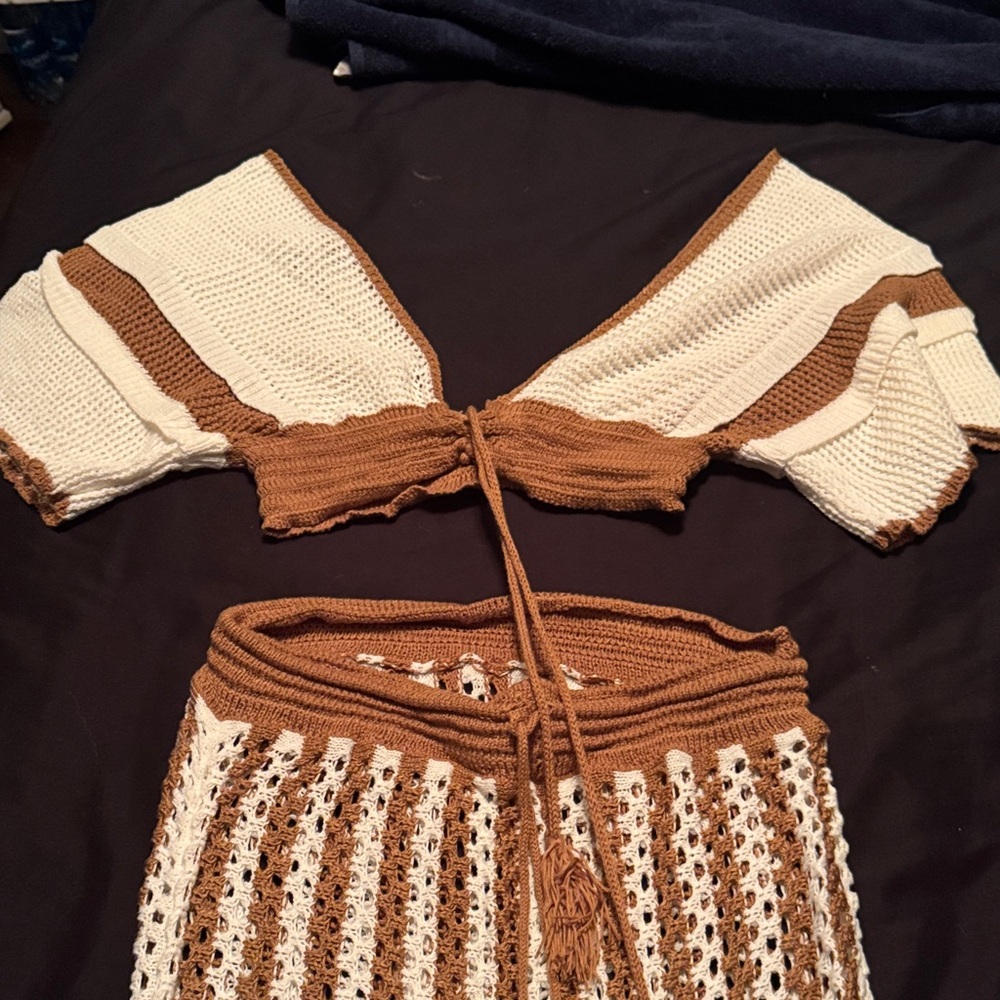 Brown & Cream Crochet Crop Top and skirt - Women